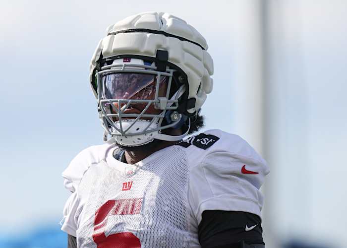 Aug 1, 2023; East Rutherford, NJ, USA; New York Giants linebacker Kayvon Thibodeaux (5) looks on during training camp at the Quest Diagnostics Training Facility.